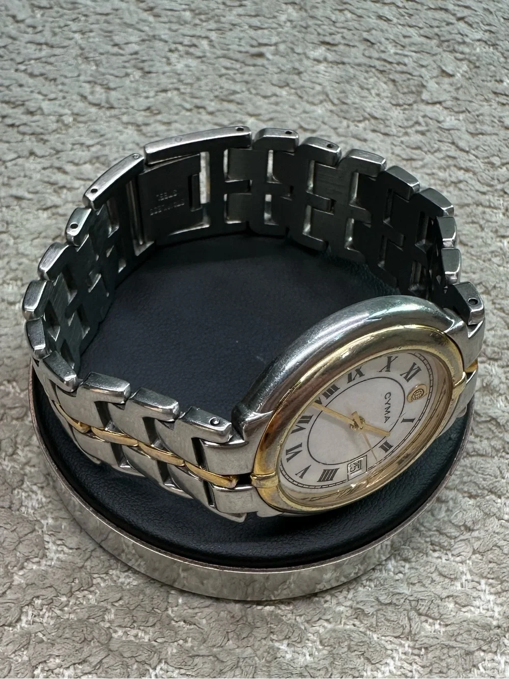 Cyma 33mm Two-Tone Quartz Watch, New Battery, White Dial, Gold Bezel 02-0001-003